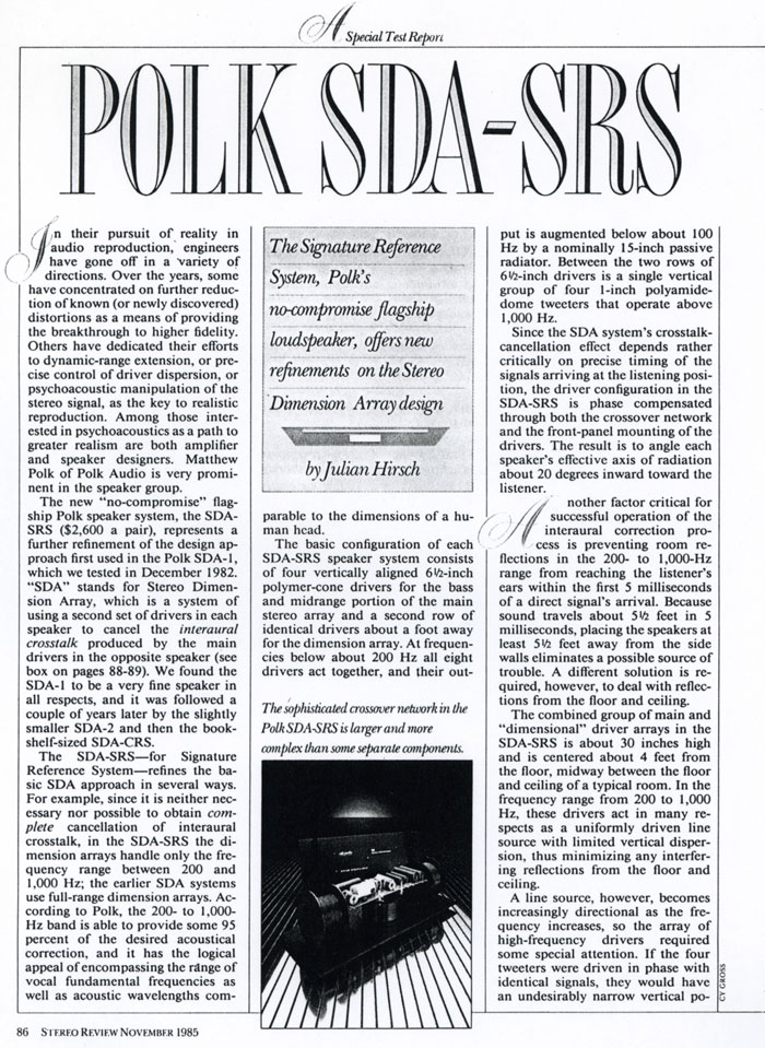 1985 Review of Polk Audio SDA-SRS page 1