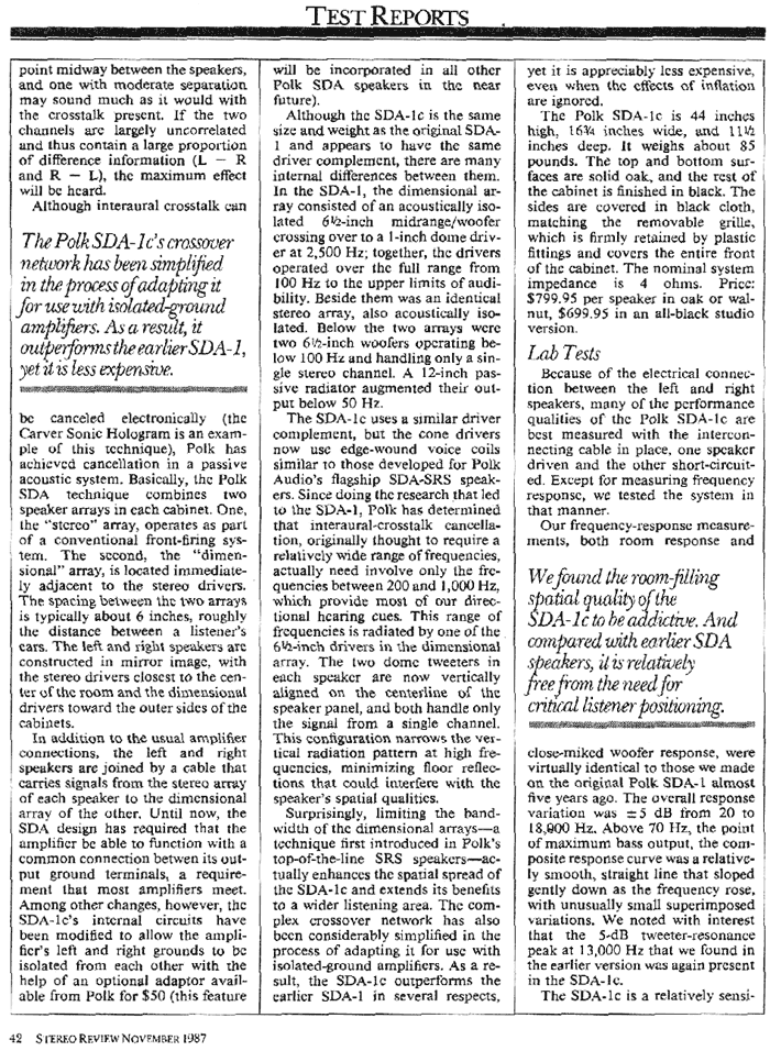 1987 Review of Polk Audio SDA 1C page 2